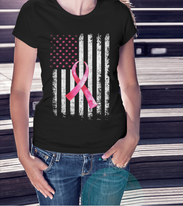 Breast Cancer Awareness Pink Ribbon American Flag Fight T-Shirt