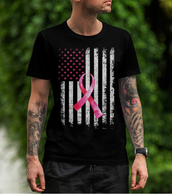 Breast Cancer Awareness Pink Ribbon American Flag Fight T-Shirt