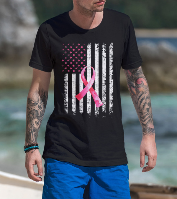 Breast Cancer Awareness Pink Ribbon American Flag Fight T-Shirt