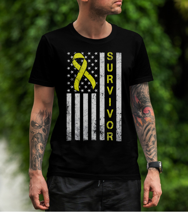 Survivor Yellow Ribbon USA Flag Childhood Cancer Awareness T-Shirt