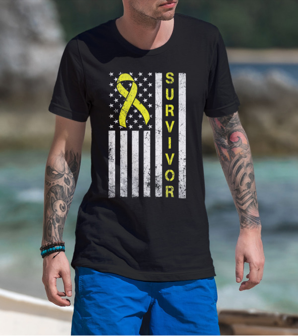 Survivor Yellow Ribbon USA Flag Childhood Cancer Awareness T-Shirt
