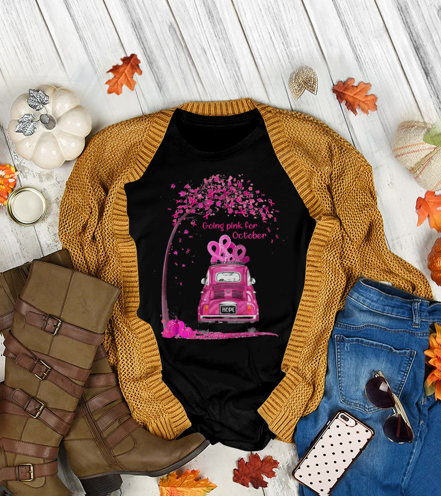 Going Pink for October Hope Breast Cancer Awareness Car and Ribbon Tree T-Shirt
