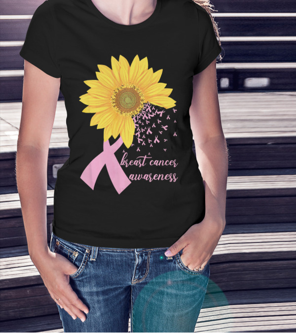 Breast Cancer Awareness Sunflower Pink Ribbon T-Shirt