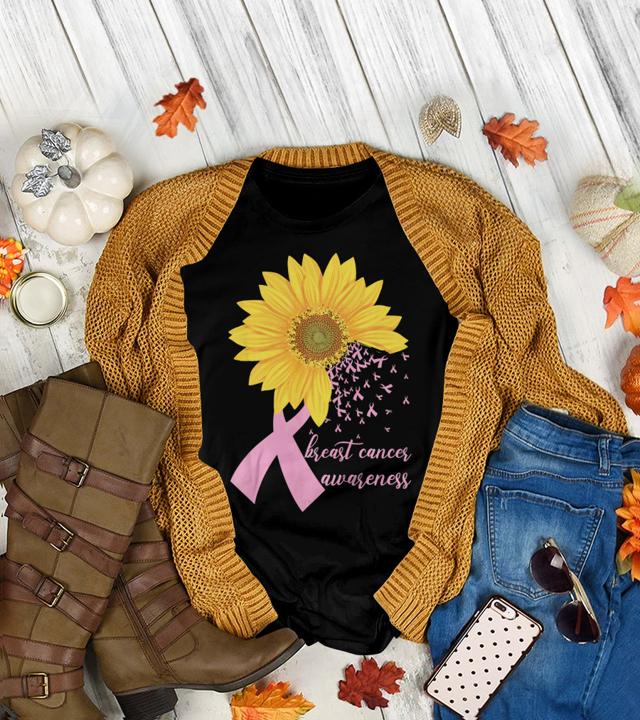 Breast Cancer Awareness Sunflower Pink Ribbon T-Shirt