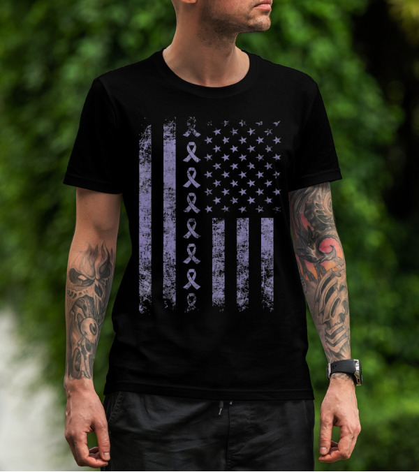 Orchid Testicular Cancer Awareness Purple Ribbon US Flag T-Shirt