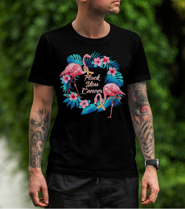 Flock You Cancer Funny Uterine Cancer Awareness Flamingo Floral T-Shirt