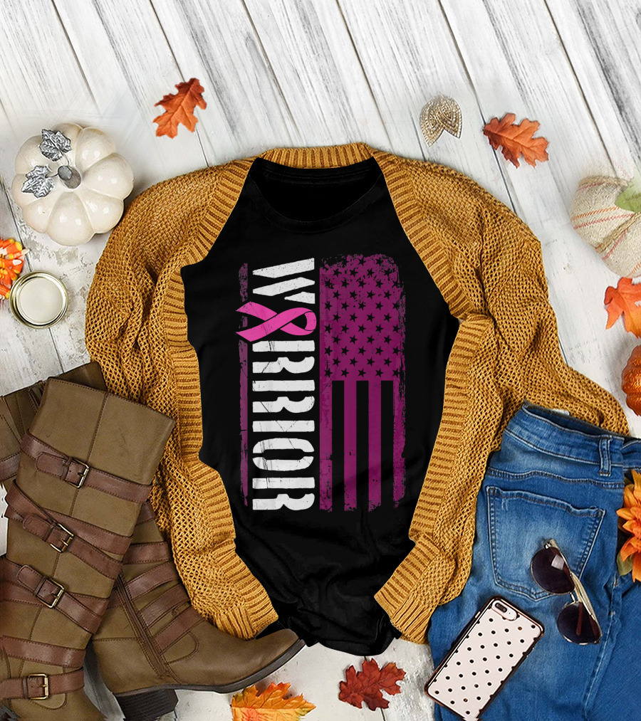 WARRIOR Breast Cancer Awareness Pink Ribbon American Flag T-Shirt
