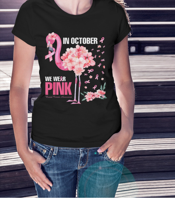 In October We Wear Pink Breast Cancer Awareness Flamingo Cherry Blossom T-Shirt