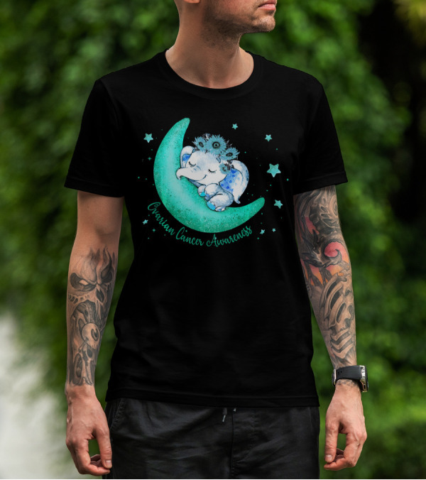 Ovarian Cancer Awareness Cute Elephant On The Moon T-Shirt
