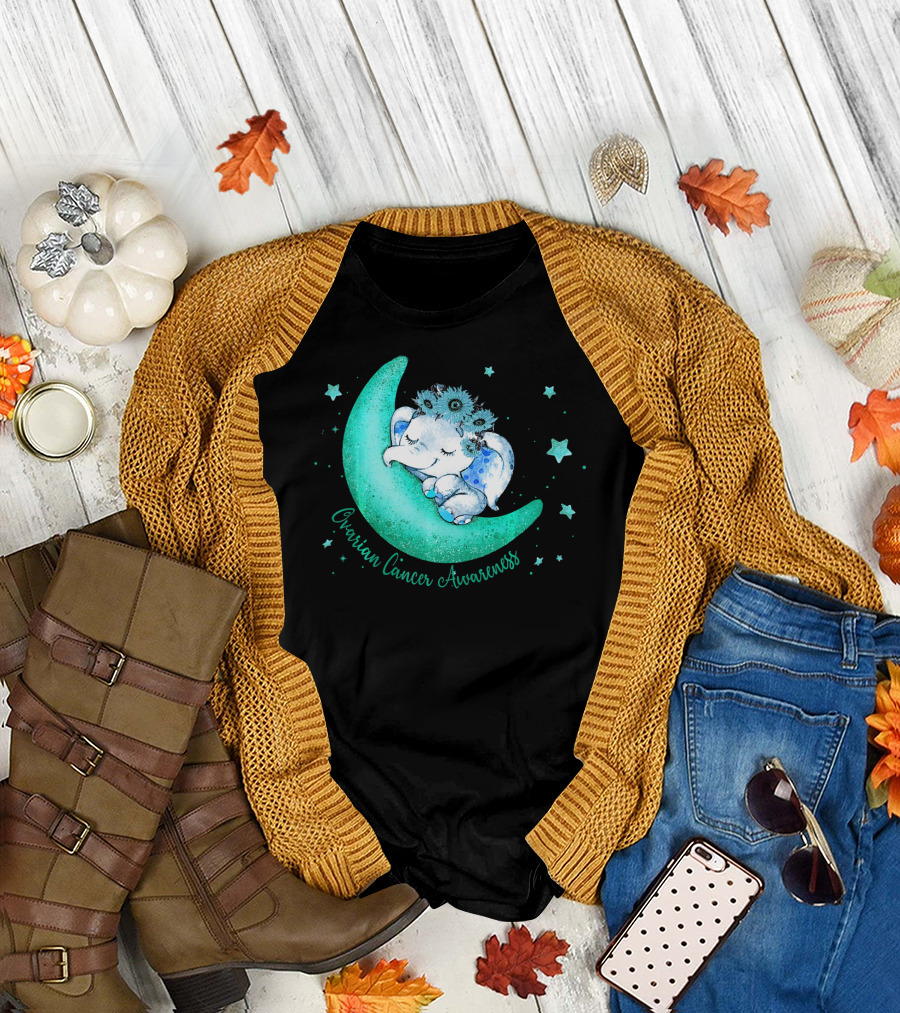 Ovarian Cancer Awareness Cute Elephant on the Moon T-Shirt