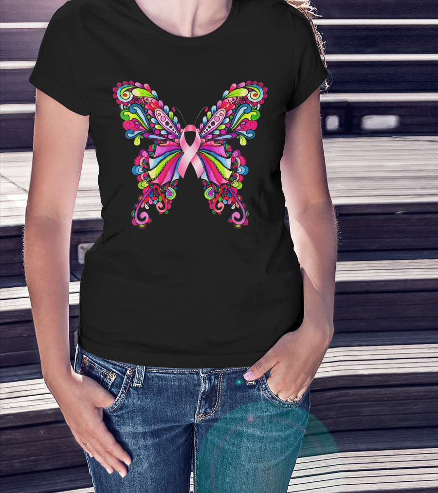 Colorful Hippie Butterfly Breast Cancer Awareness T-Shirt