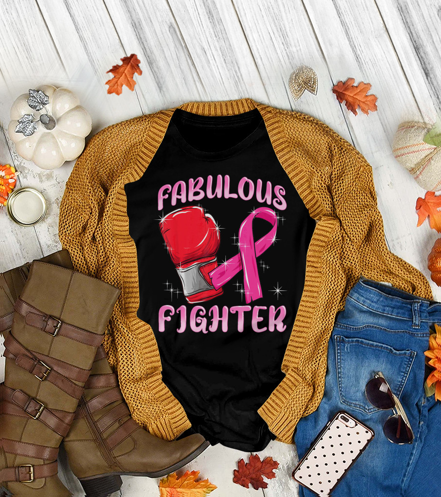 Fabulous Fighter Red Boxing Glove Pink Ribbon Breast Cancer Awareness T-Shirt