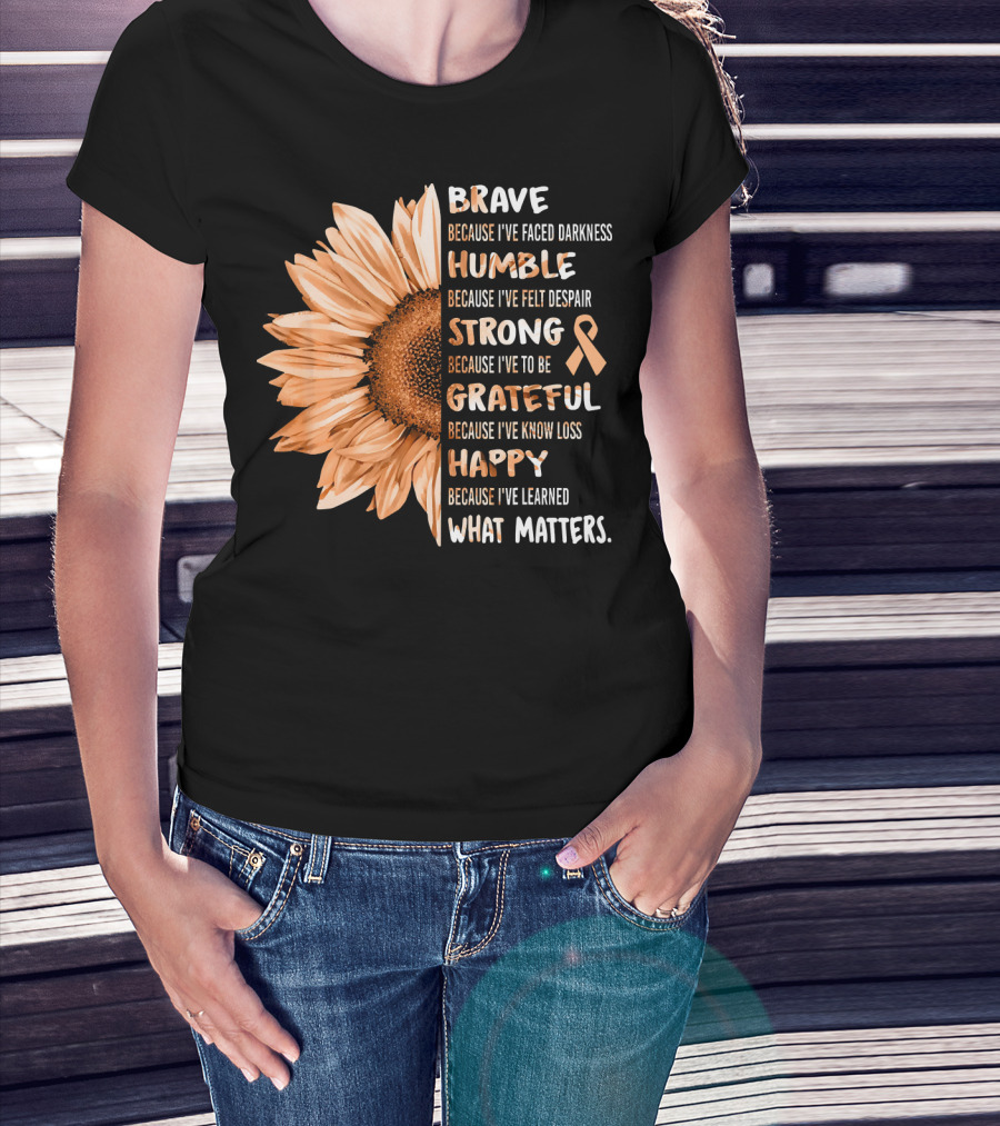 Brave Humble Strong Grateful Happy Sunflower Peach Ribbon Uterine Cancer T-Shirt