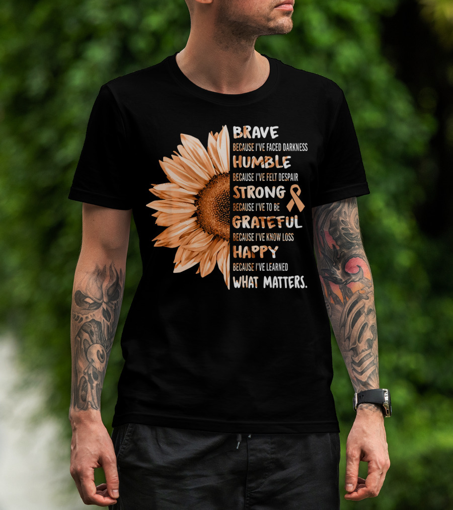 Brave Humble Strong Grateful Happy Sunflower Peach Ribbon Uterine Cancer T-Shirt