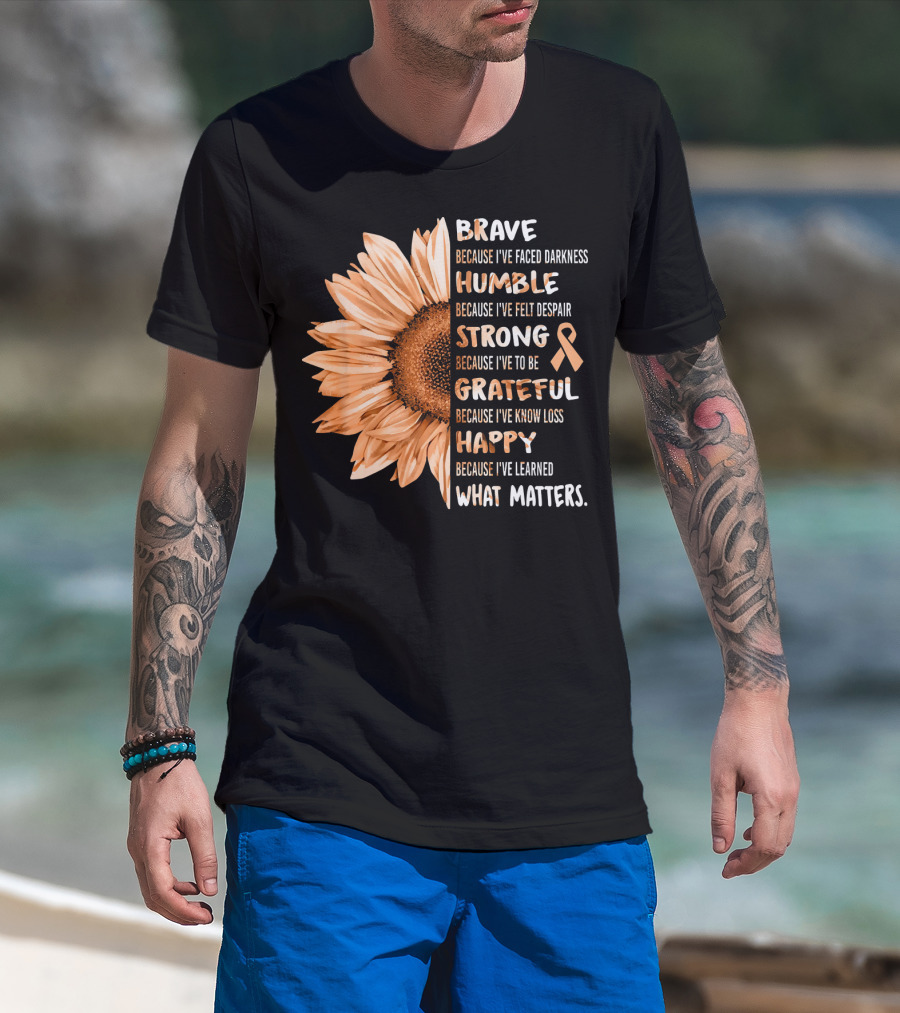 Brave Humble Strong Grateful Happy Sunflower Peach Ribbon Uterine Cancer T-Shirt