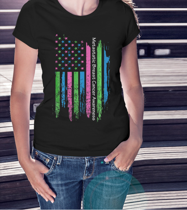 Vintage USA Flag Ribbon Metastatic Breast Cancer Awareness T-Shirt