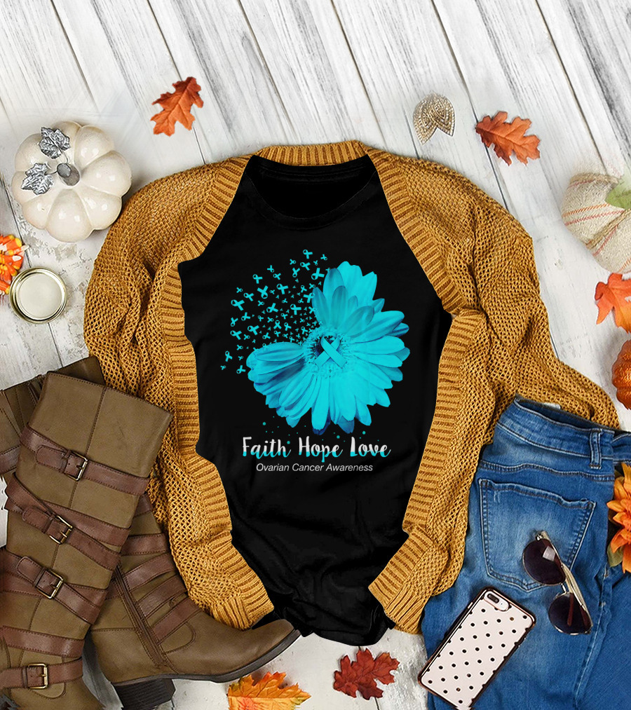 Faith Hope Love Turquoise Ribbon Flower Ovarian Cancer Awareness T-Shirt