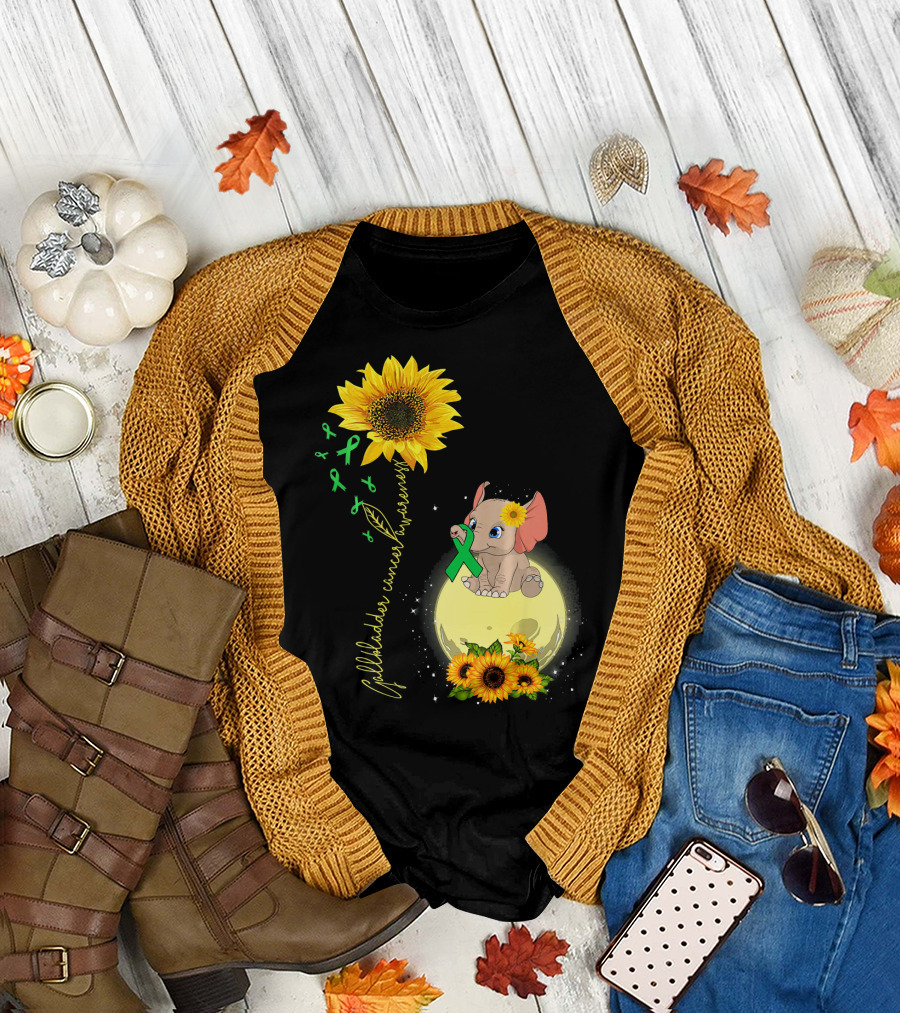 Gallbladder Cancer Awareness Elephant with Sunflowers and Green T-Shirt