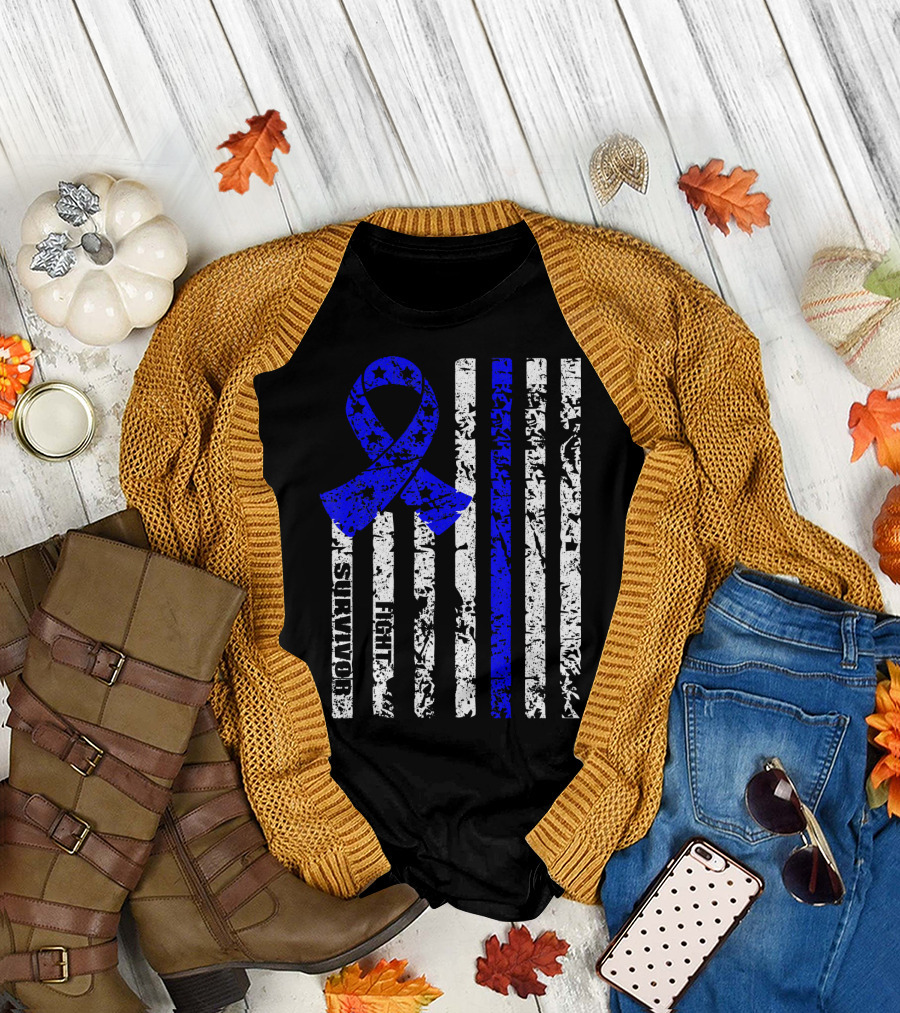 Cool Colon Cancer Awareness Survivor Ribbon Fighter Stripes T-Shirt