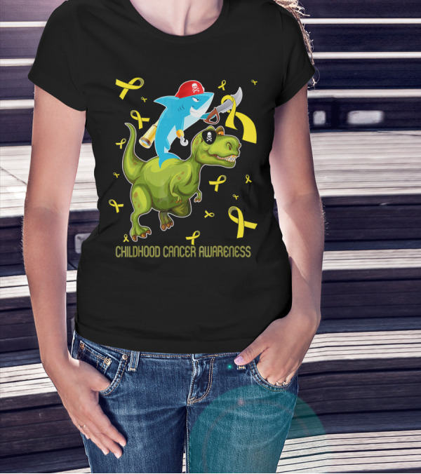 Childhood Cancer Awareness Shark And Dinosaur With Yellow Ribbons T-Shirt