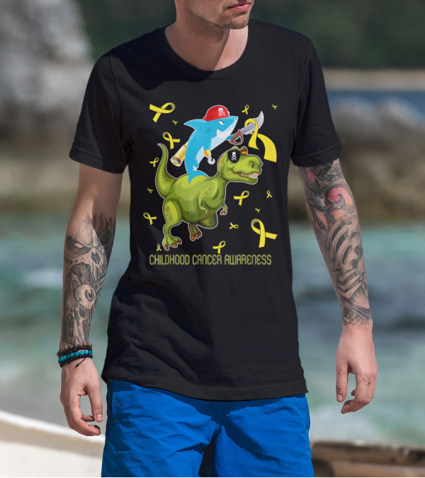 Childhood Cancer Awareness Shark And Dinosaur With Yellow Ribbons T-Shirt