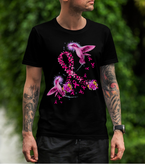 Hummingbird Heart Pink Ribbon Breast Cancer Awareness Flowers T-Shirt