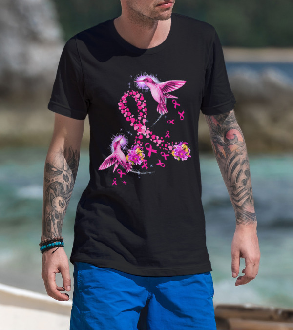 Hummingbird Heart Pink Ribbon Breast Cancer Awareness Flowers T-Shirt