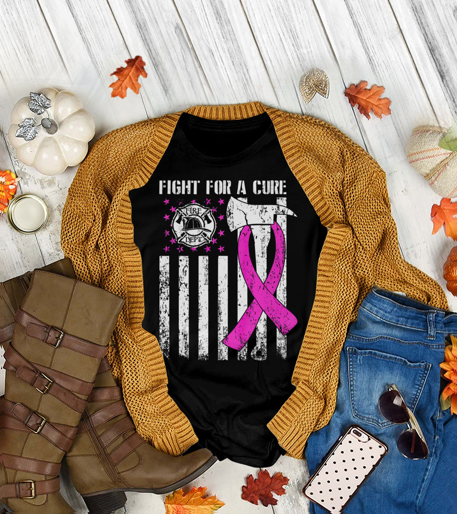 Fight for a Cure Fire Dept Pink Ribbon Axe Flag T-Shirt