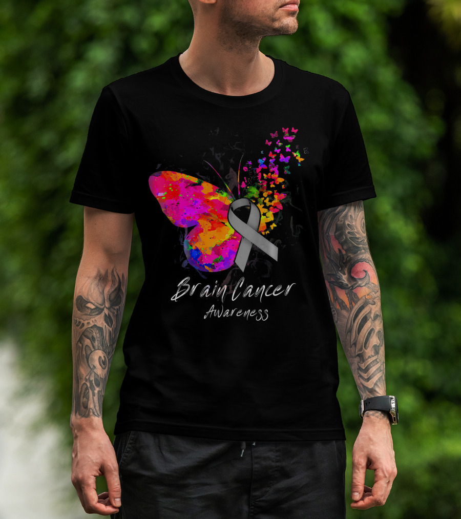 Brain Cancer Awareness Butterfly With Gray Ribbon And Colorful Wing Motif T-Shirt