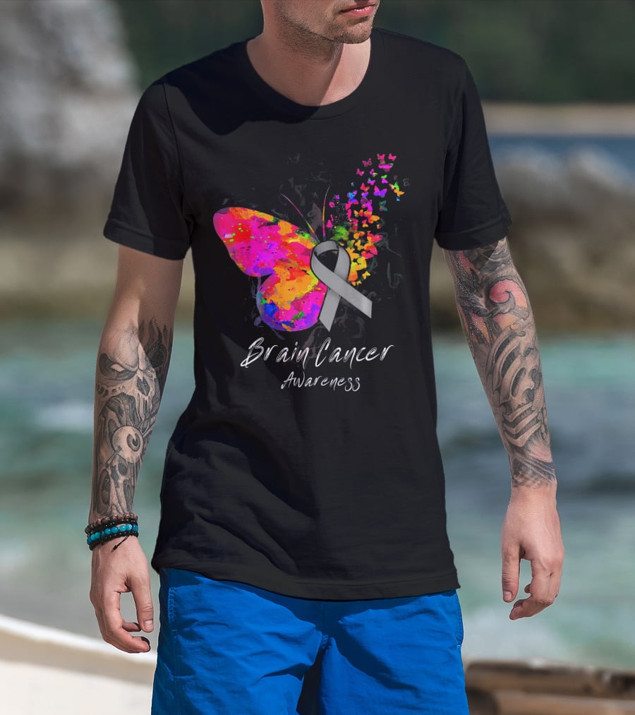 Brain Cancer Awareness Butterfly With Gray Ribbon And Colorful Wing Motif T-Shirt