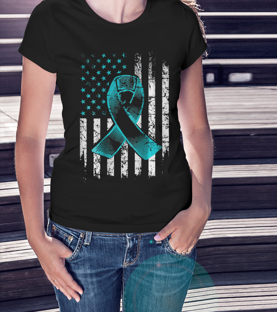 Fighting Flag Ovarian Cancer Awareness With Teal Ribbon And American T-Shirt