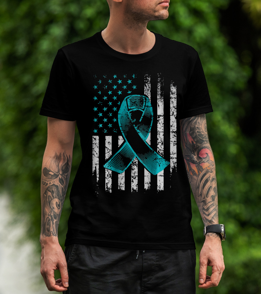 Fighting Flag Ovarian Cancer Awareness With Teal Ribbon And American T-Shirt