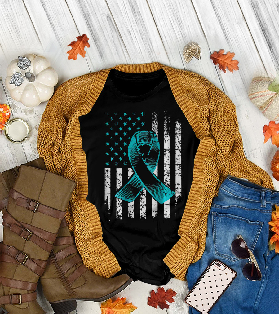 Fighting Flag Ovarian Cancer Awareness with Teal Ribbon and American T-Shirt