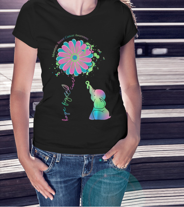 Metastatic Breast Cancer Awareness Hope Fight Cure Elephant Daisy Flower T-Shirt