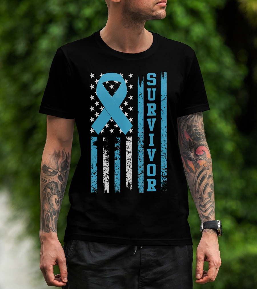 Survivor Blue Ribbon American Flag Prostate Cancer T-Shirt