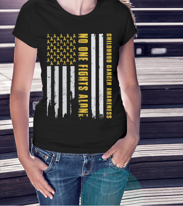 No One Fights Alone USA Flag Childhood Cancer Awareness T-Shirt
