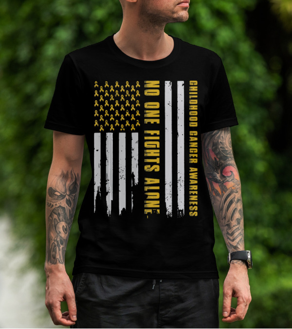 No One Fights Alone USA Flag Childhood Cancer Awareness T-Shirt
