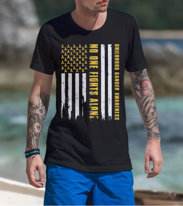 No One Fights Alone USA Flag Childhood Cancer Awareness T-Shirt