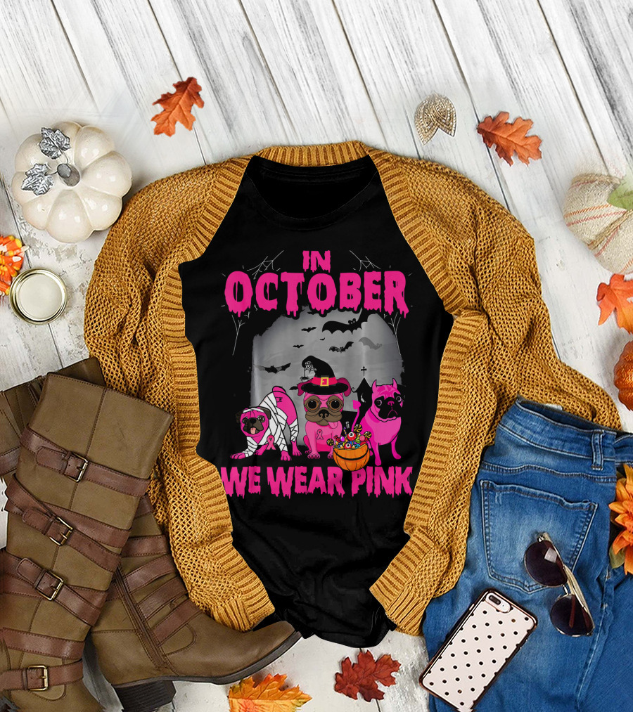 In October We Wear Pink Three Pugs Halloween Bats and Costumes T-Shirt