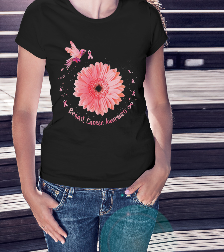 Hummingbird Pink Ribbon Breast Cancer Awareness Sunflower T-Shirt