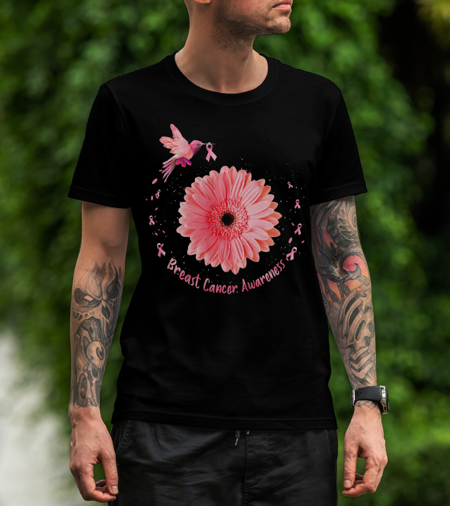 Hummingbird Pink Ribbon Breast Cancer Awareness Sunflower T-Shirt