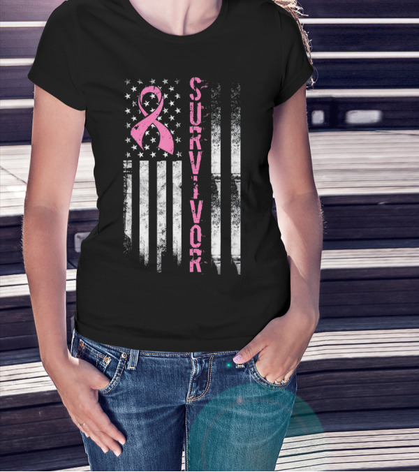 Breast Cancer Survivor Pink Ribbon American Flag T-Shirt