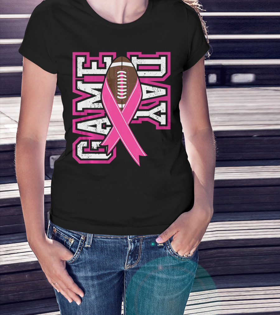 Game Day Breast Cancer Awareness Pink Ribbon Football T-Shirt