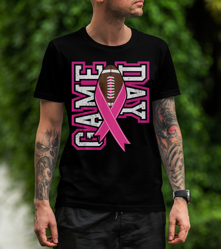 Game Day Breast Cancer Awareness Pink Ribbon Football T-Shirt
