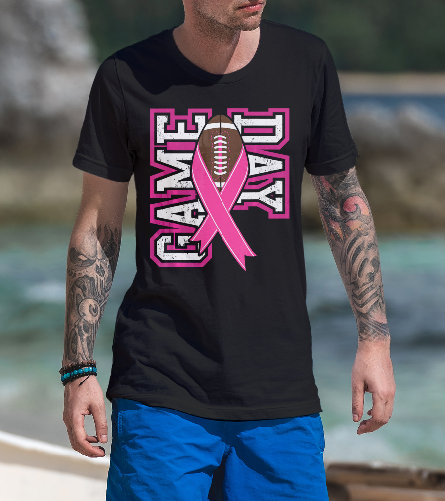 Game Day Breast Cancer Awareness Pink Ribbon Football T-Shirt