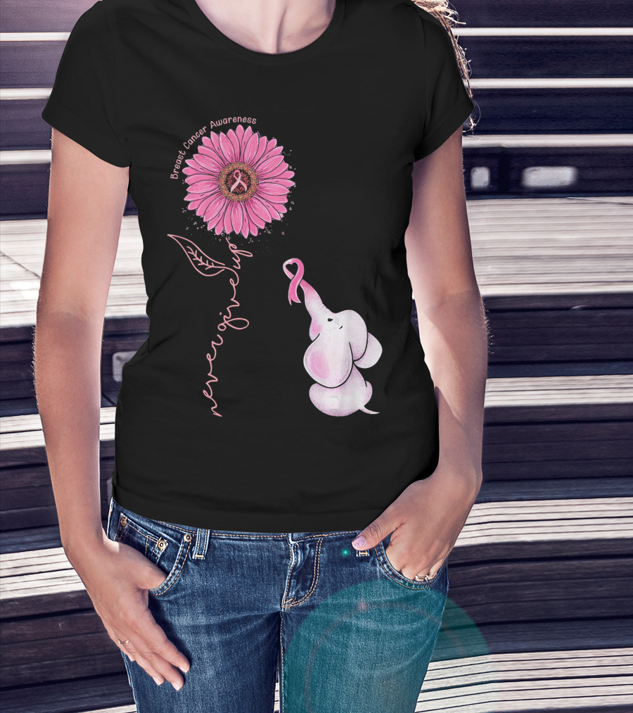 Breast Cancer Awareness Never Give Up Pink Ribbon Sunflower Elephant T-Shirt