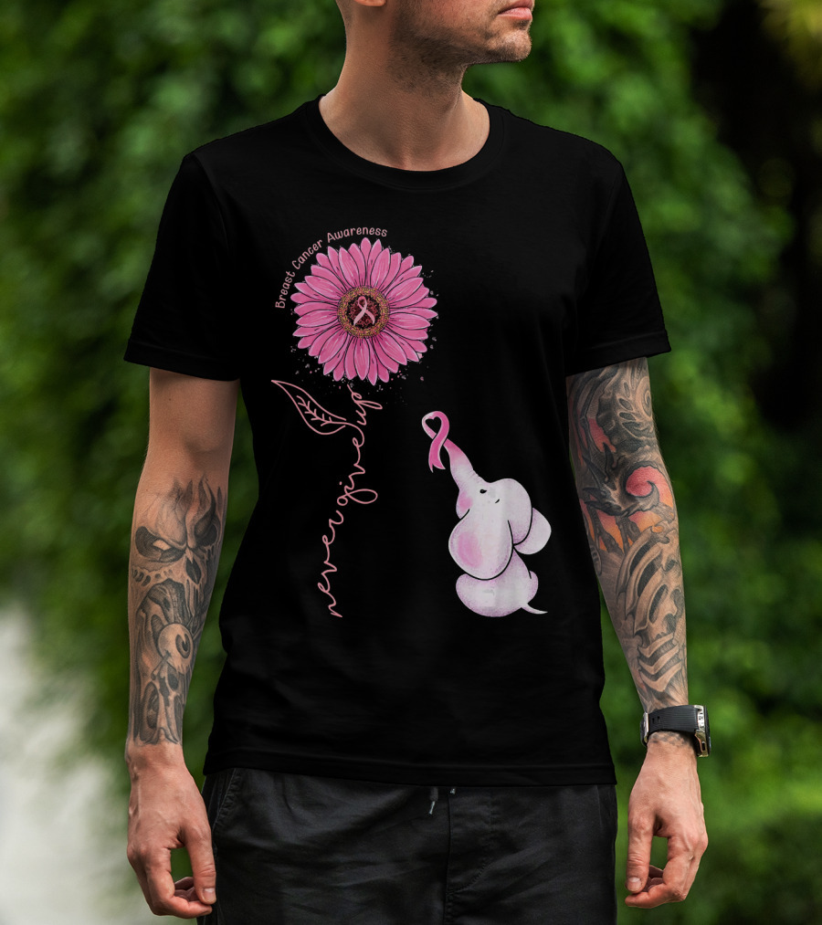 Breast Cancer Awareness Never Give Up Pink Ribbon Sunflower Elephant T-Shirt