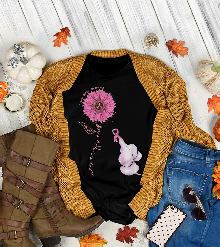 Breast Cancer Awareness Never Give Up Pink Ribbon Sunflower Elephant T-Shirt