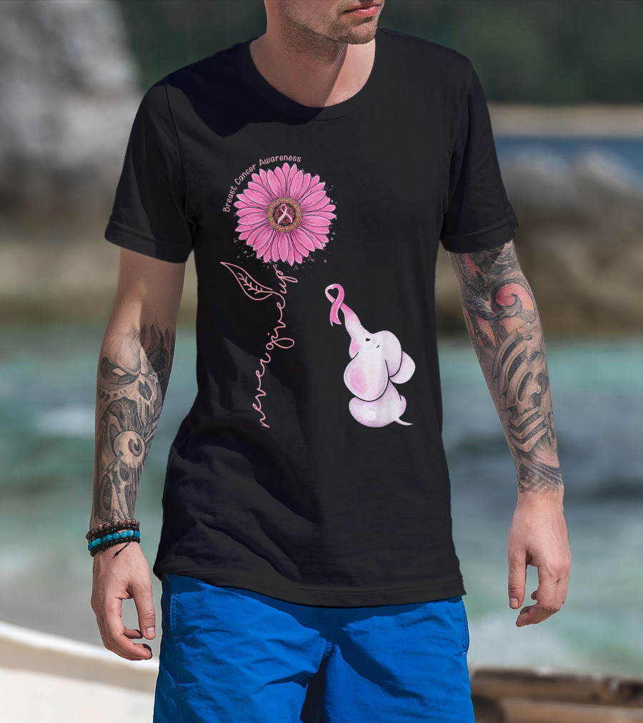 Breast Cancer Awareness Never Give Up Pink Ribbon Sunflower Elephant T-Shirt