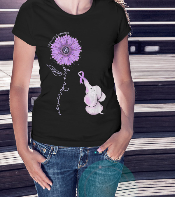 Never Giving Up All Cancers Awareness Sunflower Elephant T-Shirt